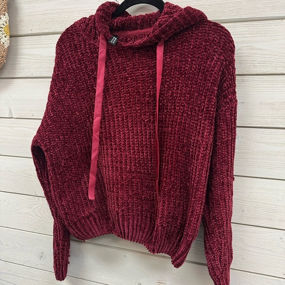 Design Lab Chenille Hoodie Pullover Sweater S Burgundy Plush Knit - Picture 2 of 6